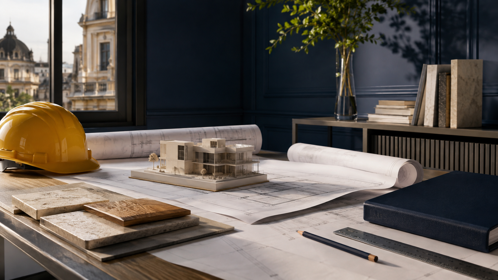 Composición ilustrativa de planos, maqueta y elementos de planificación